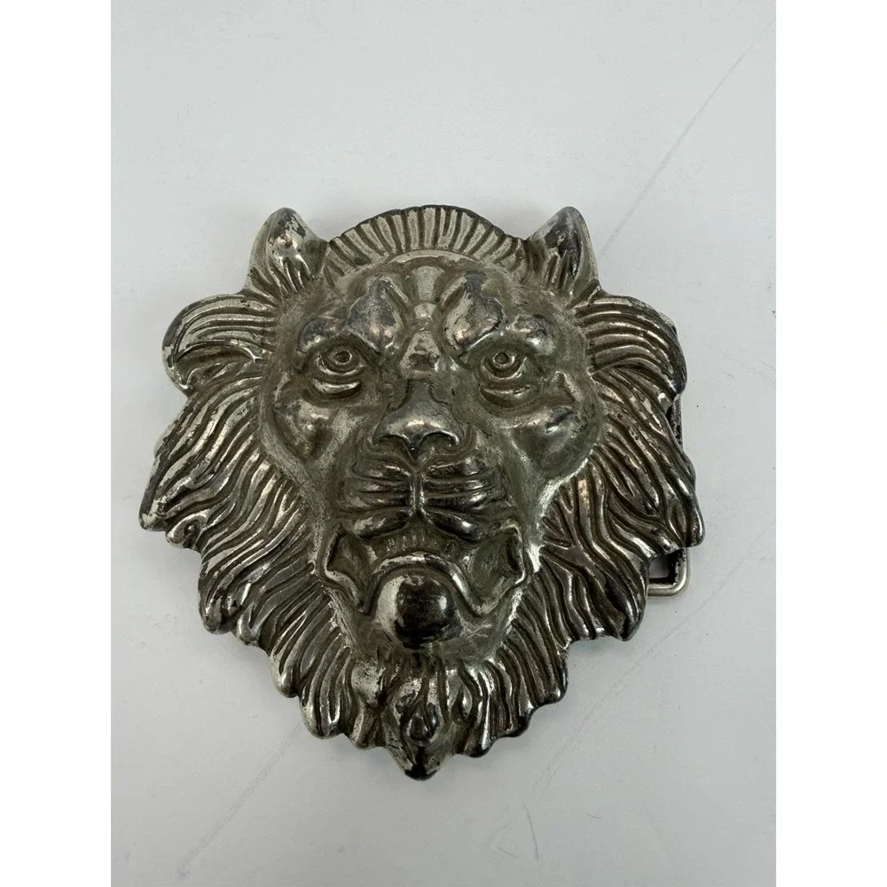 Figural Cut Out Lion Head Animal Belt Buckle Vintage Silver Tone